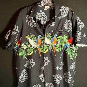 Rima Parrot and Floral Print Black Hawaiian Shirt- Med
